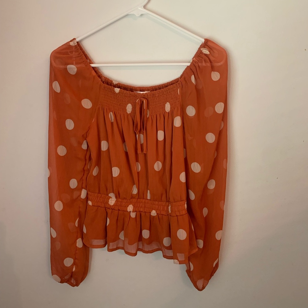 LC Lauren Conrad Orange Polka Dot Long Sleeve Tie Front Peplum Blouse